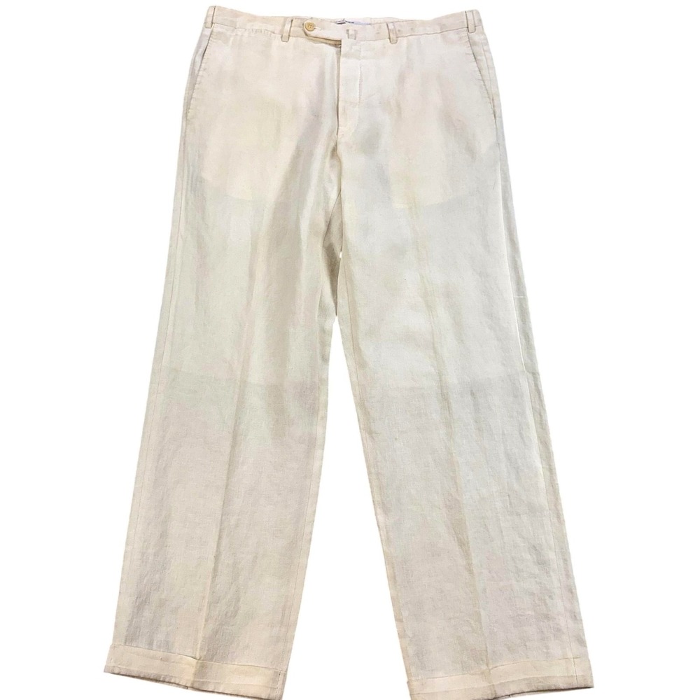 Ermenegildo Zegna Dress Pants Mens 38x30 Beige Linen Flat Front Cuffed 77LB02